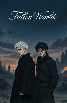 A dramatic and emotional post-war scene featuring Draco Malfoy and Harry Potter standing together in a desolate, war-torn landscape