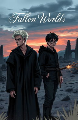 A dramatic and emotional post-war scene featuring Draco Malfoy and Harry Potter standing together in a desolate, war-torn landscape