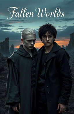 A dramatic and emotional post-war scene featuring Draco Malfoy and Harry Potter standing together in a desolate, war-torn landscape