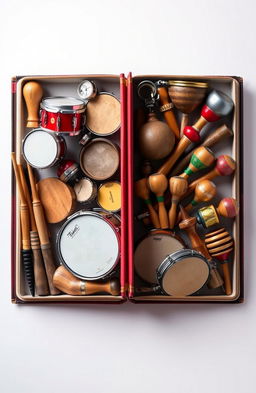 An artistic representation of a drum book with a distinct split down the middle, showcasing a variety of percussion instruments on each side