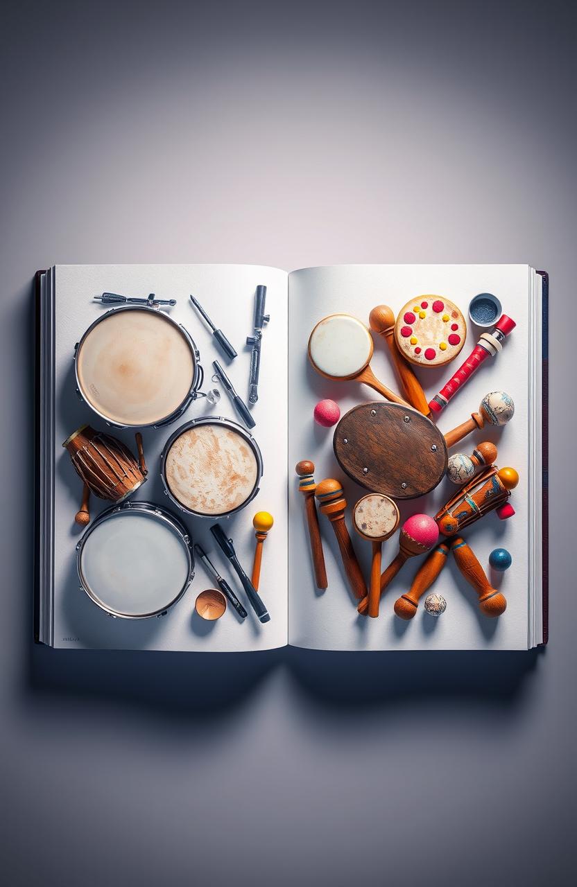 An artistic representation of a drum book with a distinct split down the middle, showcasing a variety of percussion instruments on each side