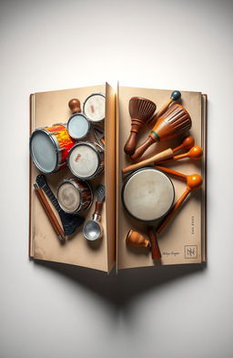 An artistic representation of a drum book with a distinct split down the middle, showcasing a variety of percussion instruments on each side