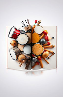 An artistic representation of a drum book with a distinct split down the middle, showcasing a variety of percussion instruments on each side