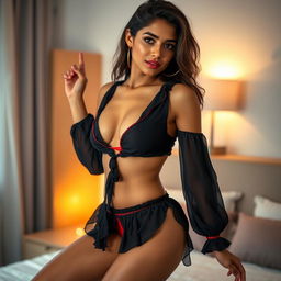 A beautiful and intimate scene set in a bedroom, featuring an Indian brunette maid dressed in a stylish black short blouse that tastefully reveals her bare chest, complemented by a vibrant red thong
