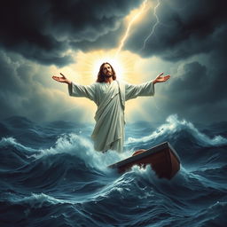 A powerful and atmospheric book cover depicting Jesus standing with arms outstretched amidst a tumultuous sea