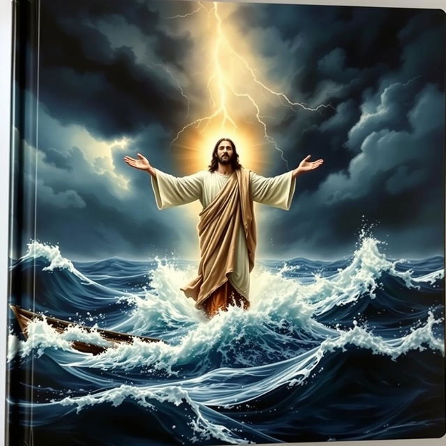 A powerful and atmospheric book cover depicting Jesus standing with arms outstretched amidst a tumultuous sea