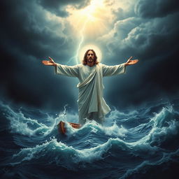 A powerful and atmospheric book cover depicting Jesus standing with arms outstretched amidst a tumultuous sea