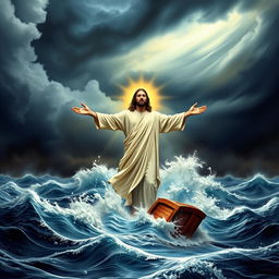 A powerful and atmospheric book cover depicting Jesus standing with arms outstretched amidst a tumultuous sea