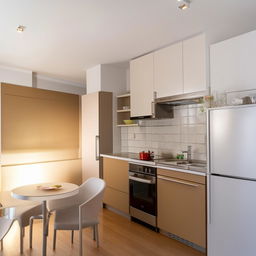 A compact 1 room kitchen (1 RK) apartment, fully furnished with modern amenities. The room is brightly lit, featuring a comfortable bed, a compact kitchen area with modern appliances, a cozy dining space, and a neat, clean bathroom.