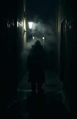 A mysterious, shadowy figure lurking in a dimly lit alleyway, partially obscured by shadows with only the outline visible