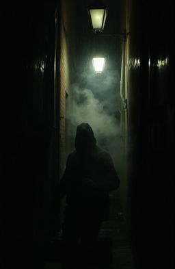 A mysterious, shadowy figure lurking in a dimly lit alleyway, partially obscured by shadows with only the outline visible