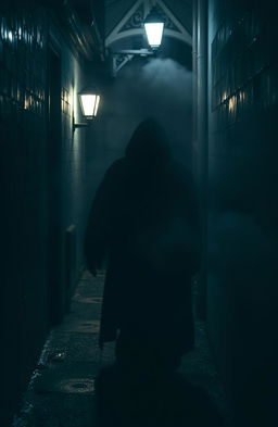 A mysterious, shadowy figure lurking in a dimly lit alleyway, partially obscured by shadows with only the outline visible