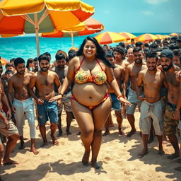 A scene on a lively beach with a fat South Asian woman in a colorful bikini, surrounded by a dense crowd of handsome male figures