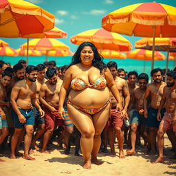 A scene on a lively beach with a fat South Asian woman in a colorful bikini, surrounded by a dense crowd of handsome male figures