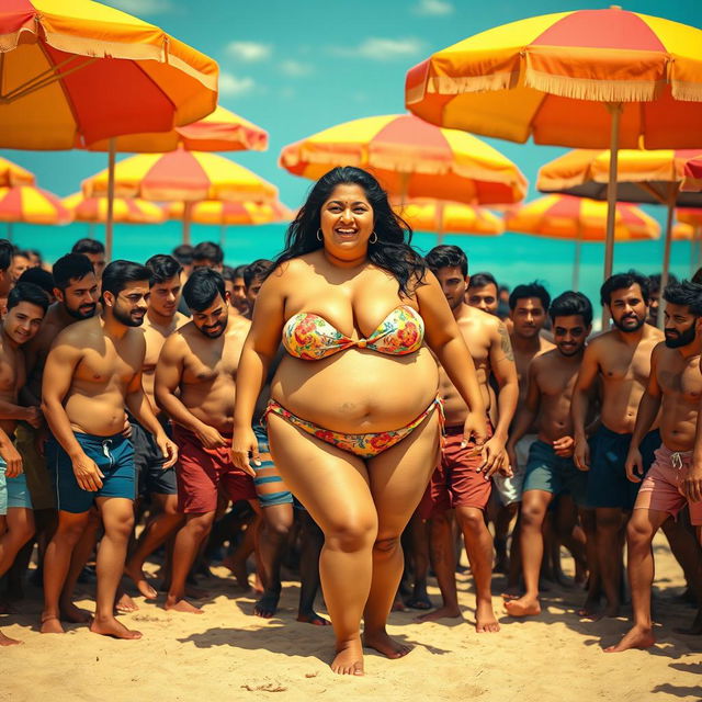 A scene on a lively beach with a fat South Asian woman in a colorful bikini, surrounded by a dense crowd of handsome male figures