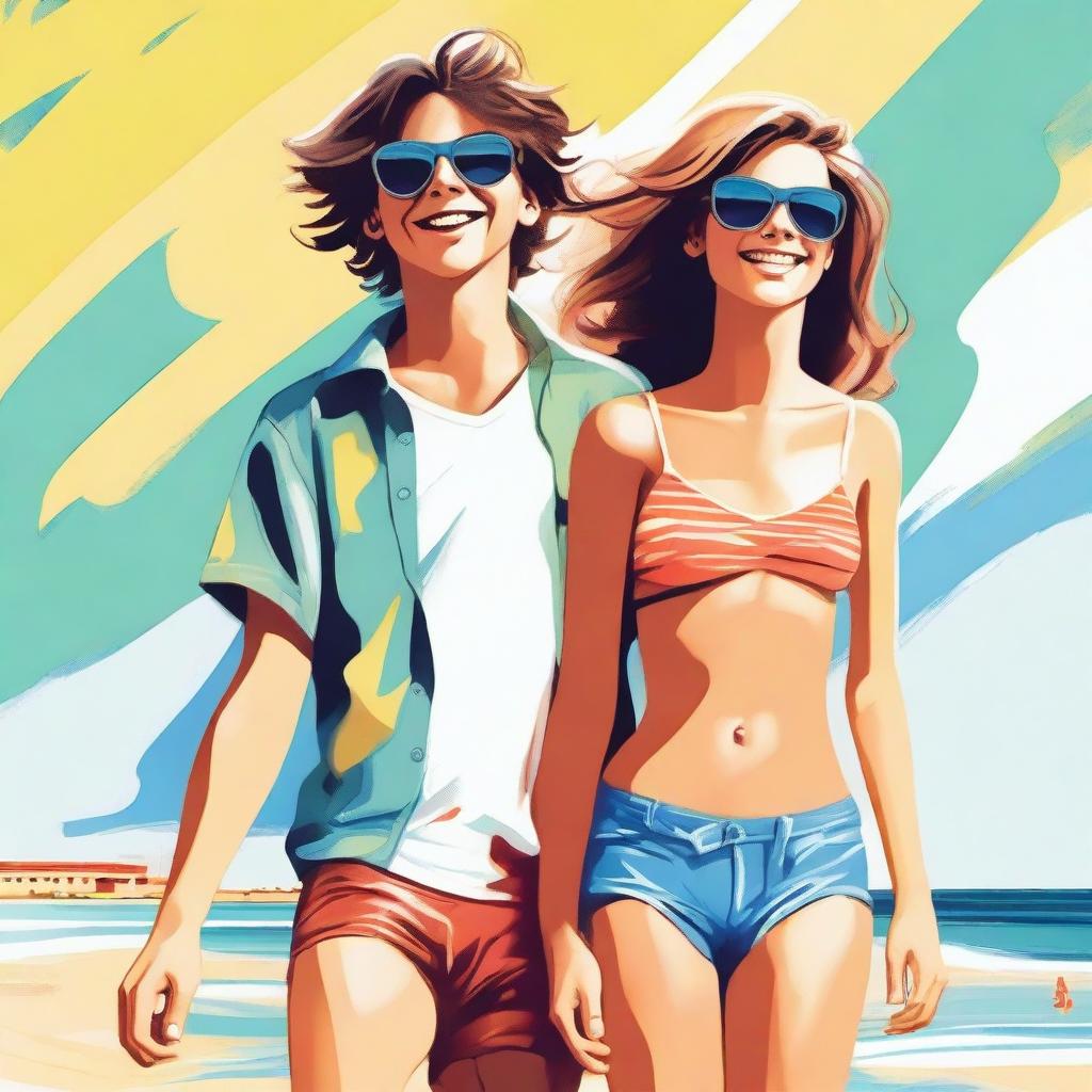 A high-quality digital art featuring a charming 17-year-old boy at the beach with a girl of the same age