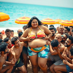 A scene on a lively beach with a fat South Asian woman in a colorful bikini, surrounded by a dense crowd of handsome male figures