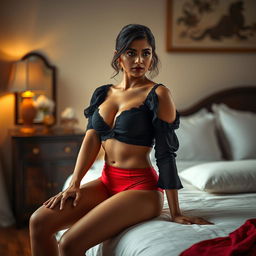 A beautiful and intimate scene in a softly lit bedroom, featuring an Indian brunette maid wearing a stylish black short blouse that tastefully reveals her bare chest, paired with a striking red panty