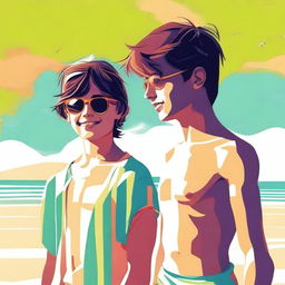 A high-quality digital art featuring a charming 17-year-old boy at the beach with a girl of the same age