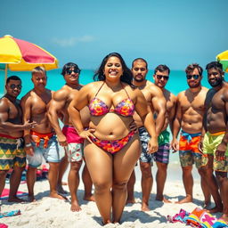 A vibrant beach scene featuring a plus-sized South Asian woman confidently wearing a vivid bikini, surrounded by a close-knit group of muscular male bodybuilders