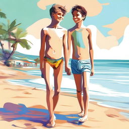 A high-quality digital art featuring a charming 17-year-old boy at the beach with a girl of the same age