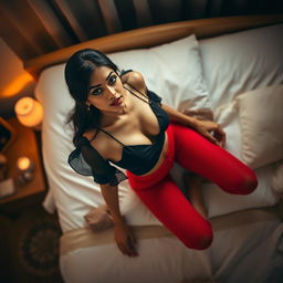 A top view of a beautifully intimate scene in a softly lit bedroom, showcasing an Indian brunette maid wearing a chic black short blouse that reveals her bare chest, paired with vibrant red panties