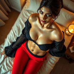 A top view of a beautifully intimate scene in a softly lit bedroom, showcasing an Indian brunette maid wearing a chic black short blouse that reveals her bare chest, paired with vibrant red panties