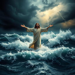 An evocative and powerful book cover depicting Jesus standing on the surface of turbulent waters with arms outstretched, entirely surrounded by stormy seas