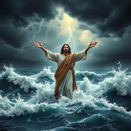An evocative and powerful book cover depicting Jesus standing on the surface of turbulent waters with arms outstretched, entirely surrounded by stormy seas