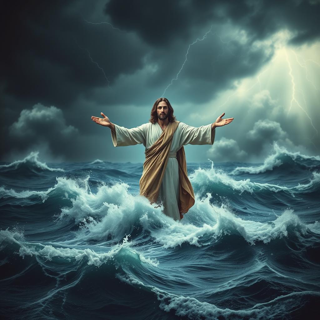 An evocative and powerful book cover depicting Jesus standing on the surface of turbulent waters with arms outstretched, entirely surrounded by stormy seas