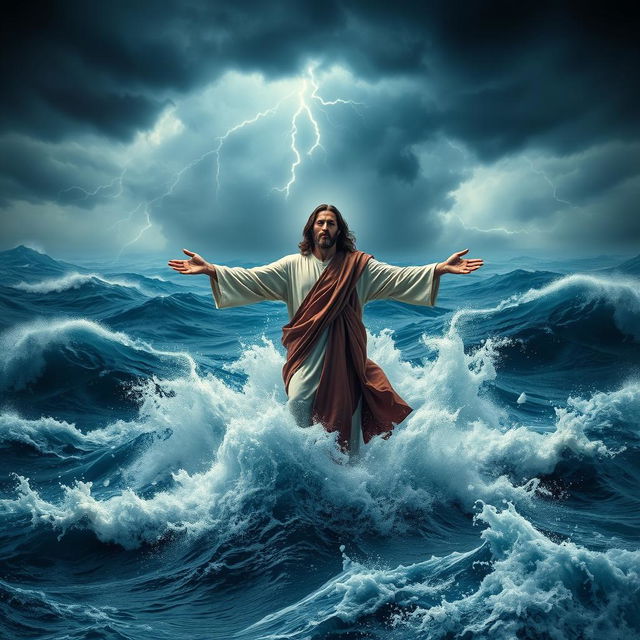 An evocative and powerful book cover depicting Jesus standing on the surface of turbulent waters with arms outstretched, entirely surrounded by stormy seas