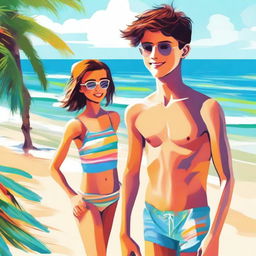 A high-quality digital art featuring a charming 17-year-old boy at the beach with a girl of the same age