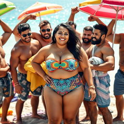A lively beach scene featuring a plus-sized South Asian woman confidently wearing a colorful bikini, surrounded by a close-knit group of muscular male bodybuilders