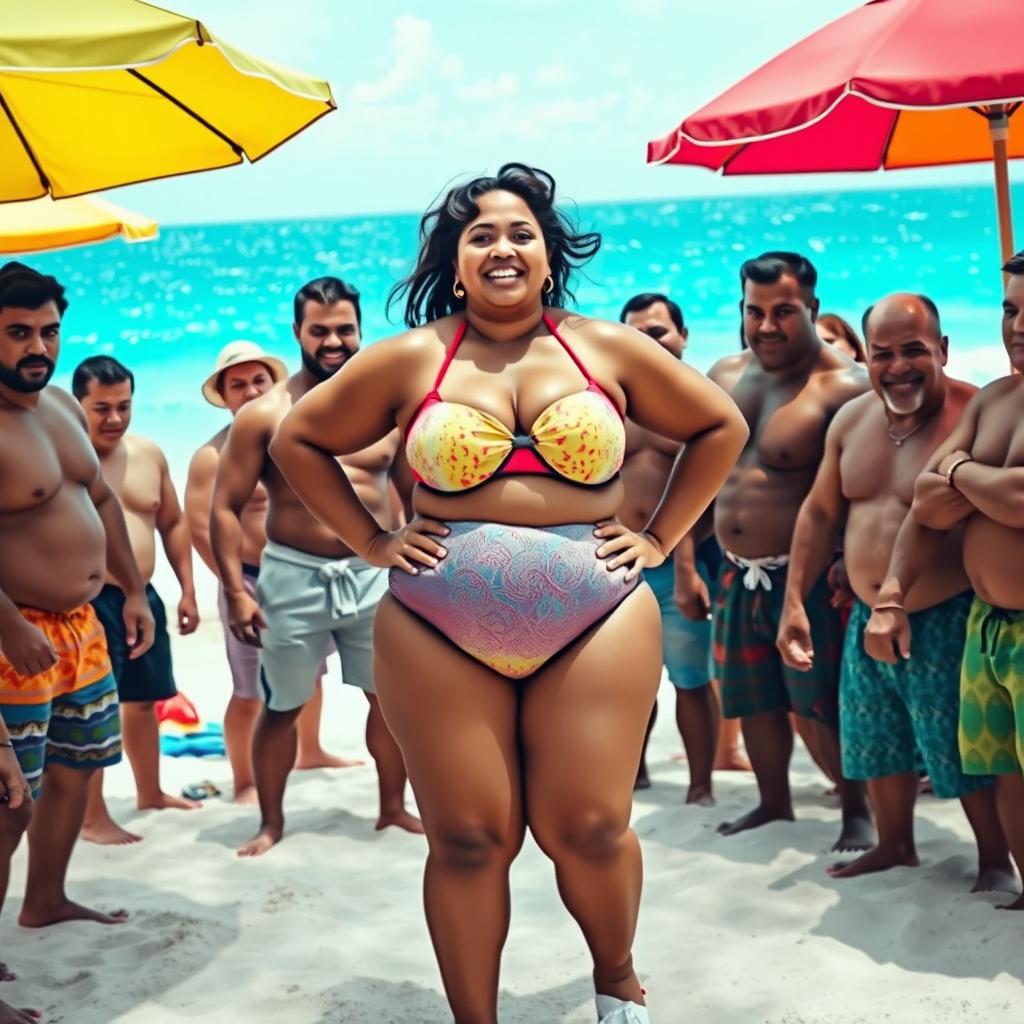 A lively beach scene featuring a plus-sized South Asian woman confidently wearing a colorful bikini, surrounded by a close-knit group of muscular male bodybuilders