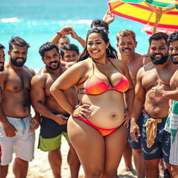 A lively beach scene featuring a plus-sized South Asian woman confidently wearing a colorful bikini, surrounded by a close-knit group of muscular male bodybuilders