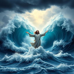 A mesmerizing and dramatic book cover showing Jesus standing on the surface of a stormy ocean, with enormous crashing waves surrounding him