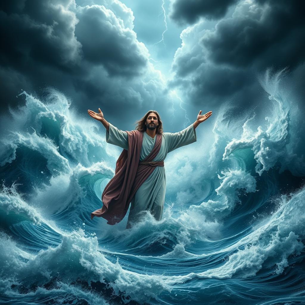 A mesmerizing and dramatic book cover showing Jesus standing on the surface of a stormy ocean, with enormous crashing waves surrounding him