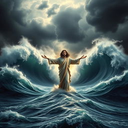 A mesmerizing and dramatic book cover showing Jesus standing on the surface of a stormy ocean, with enormous crashing waves surrounding him