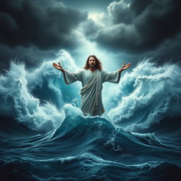 A mesmerizing and dramatic book cover showing Jesus standing on the surface of a stormy ocean, with enormous crashing waves surrounding him
