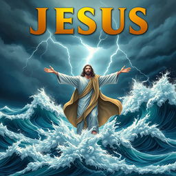 An impactful book cover illustration featuring Jesus standing majestically on a churning sea, surrounded by towering waves and a fierce storm
