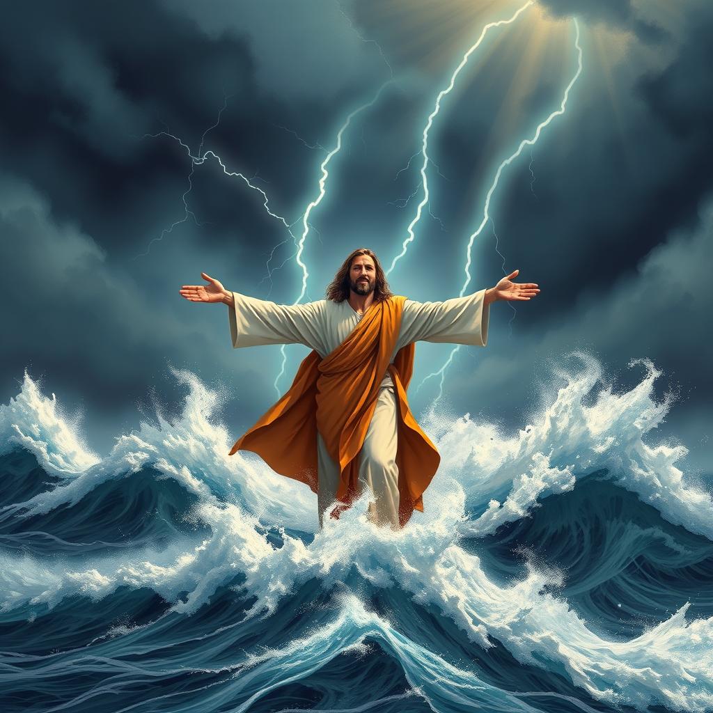 An impactful book cover illustration featuring Jesus standing majestically on a churning sea, surrounded by towering waves and a fierce storm