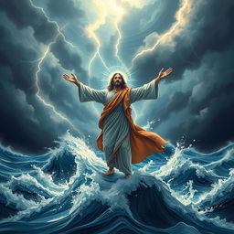 An impactful book cover illustration featuring Jesus standing majestically on a churning sea, surrounded by towering waves and a fierce storm