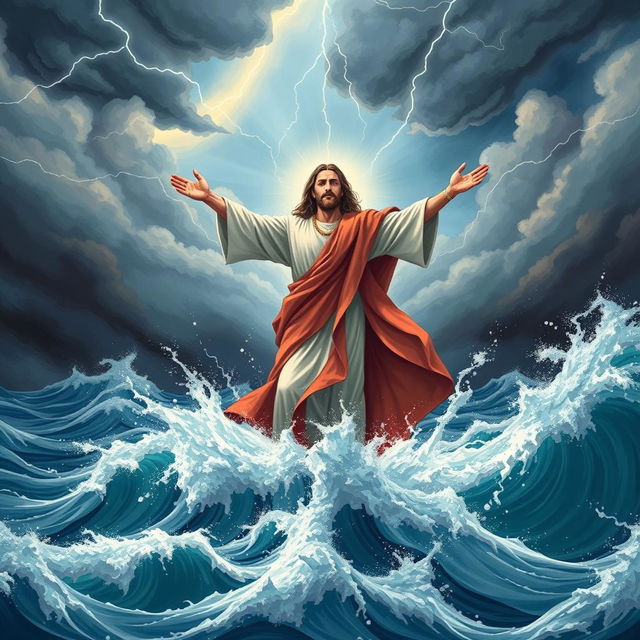 An impactful book cover illustration featuring Jesus standing majestically on a churning sea, surrounded by towering waves and a fierce storm