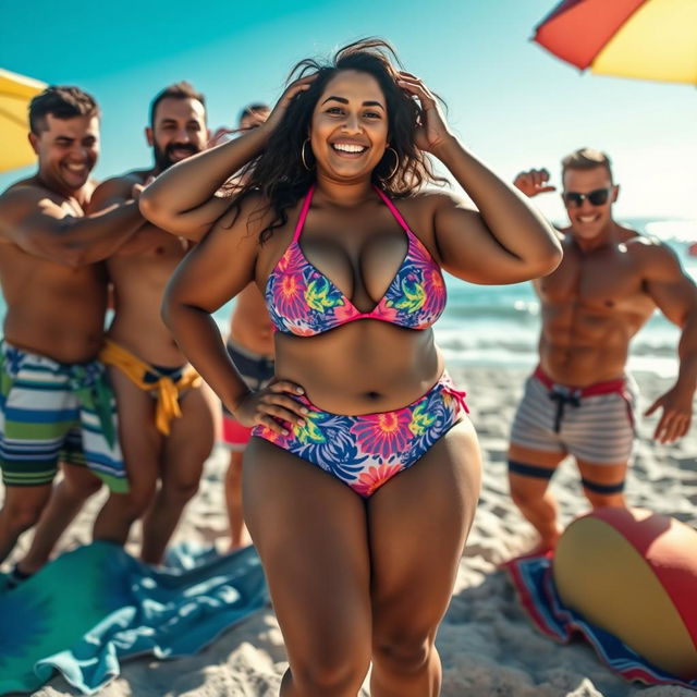 A playful beach scene featuring a plus-sized South Asian woman confidently wearing a vivid bikini, engaged in a lighthearted moment with a group of muscular male bodybuilders