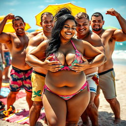 A playful beach scene featuring a plus-sized South Asian woman confidently wearing a vivid bikini, engaged in a lighthearted moment with a group of muscular male bodybuilders