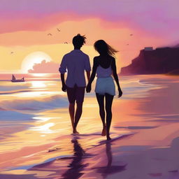 A high-quality digital art piece showcasing a teen couple on a beach