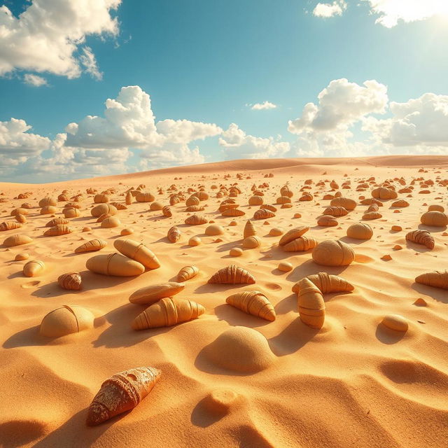 A surreal and whimsical book cover featuring a vast desert landscape filled with various types of bread instead of sand