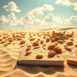 A surreal and whimsical book cover featuring a vast desert landscape filled with various types of bread instead of sand