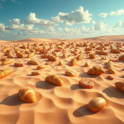 A surreal and whimsical book cover featuring a vast desert landscape filled with various types of bread instead of sand