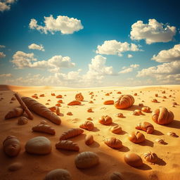 A surreal and whimsical book cover featuring a vast desert landscape filled with various types of bread instead of sand